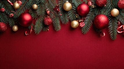 A festive arrangement of red and gold ornaments on green pine branches set against a rich red background, evoking a holiday spirit.