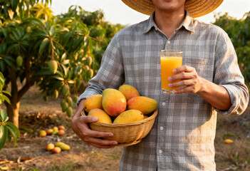 Obraz premium Fresh mango harvest and juice enjoyment in tropical orchard