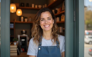 Smiling woman is standing at the entrance doors of her store. In the coffee shop, a cheerful middle-aged waitress is waiting for customers. Small business owner is standing at the entrance.