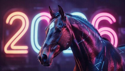 The digital horse runs along the number 2026 - the concept of interactive technologies. The symbol of 2026. New technologies, New Year's Eve celebration
