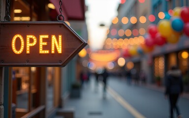 Open sign with festive balloons and bokeh lights on busy street, inviting and welcoming small business atmosphere. High quality