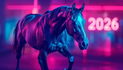 The digital horse runs along the number 2026 - the concept of interactive technologies. The symbol of 2026. New technologies, New Year's Eve celebration
