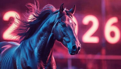 The digital horse runs along the number 2026 - the concept of interactive technologies. The symbol of 2026. New technologies, New Year's Eve celebration
