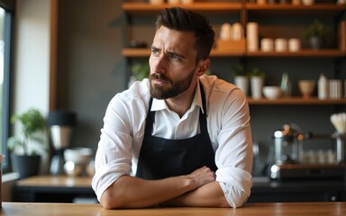 Disappointed Caucasian waiter man barista boredom in cafeteria exhausted employer problem bartender male entrepreneur leaning counter waitstaff overworking cafe guy contemplate small business stress