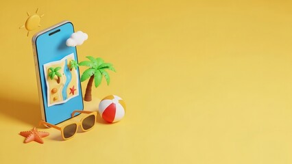 Bright 3D render of a smartphone with a tropical map and summer vacation items, ideal for mobile travel planning and dream holiday booking