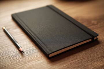 Close-up of a black notebook on wood grain background with a pencil and calm vibe