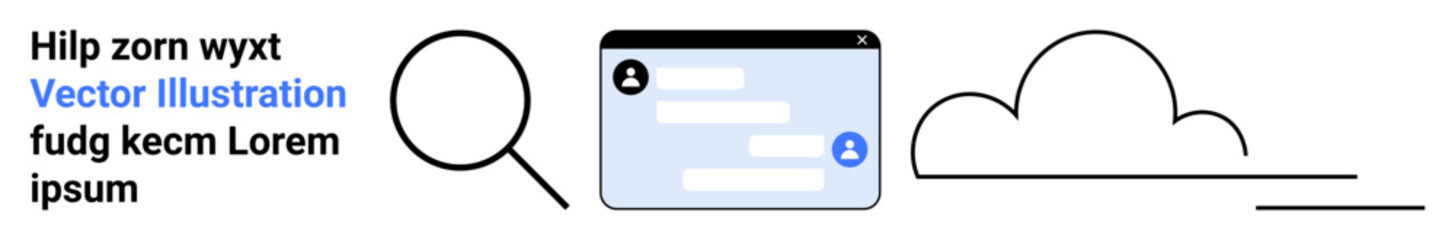 Obraz premium Data sharing, online communication, cloud storage, digital information, technology, collaboration. A magnifying glass, chat window and cloud icon. Data sharing and online communication concept