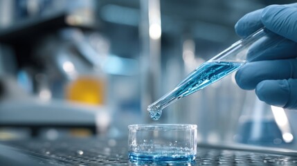 A laboratory scene showing a hand in a glove using a pipette to drop blue liquid into a small glass dish.