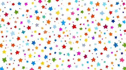 Fototapeta premium Hand-drawn colorful sprinkle and star seamless pattern on white background, festive confetti vector texture for birthday party decorations, invitations, and holiday celebration designs