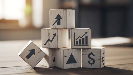 Wooden blocks with upward trending graphs and dollar signs stacked on a wooden surface, symbolizing financial growth and investment success