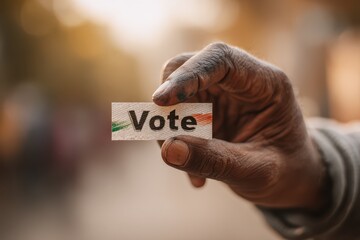 Close-up of a female Indian voter's inked finger holding a voting sign with ample copy space