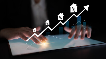 Hands interacting with a tablet displaying upward arrows and financial charts, symbolizing growth and success in the competitive digital market landscape. Gantry