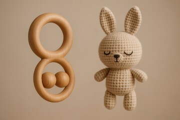 Baby wooden rattle and sleepy crochet bunny toy floating, representing comfort, gentle play, and natural baby products