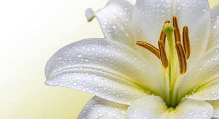 Serene beauty of a white lily with water droplets, a delicate floral closeup
