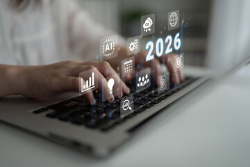 Digital icons, analytics symbols, and glowing number 2026 representing business goals, innovation,...