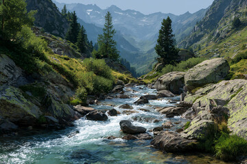 A mountain stream is flowing