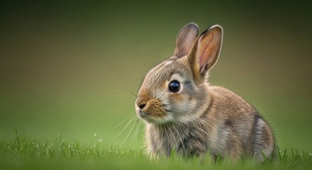 Serene gaze of a wild rabbit amidst vibrant green meadow landscape