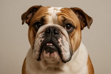 Fototapeta premium Bulldog dog close up portrait with an expressive face. Adorable pet looking directly at viewer with big eyes