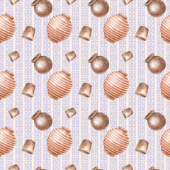 Seamless pattern with realistic clay pots and national Greek ornaments on a light background. Watercolor illustration with ceramics. Vertical template with traditional elements of Greek culture for