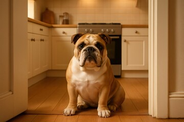 English bulldog dog sitting poised, patiently waiting for food in a warm, inviting household kitchen