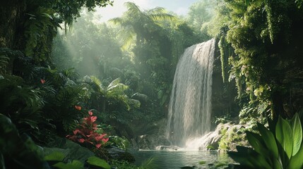 Lush jungle waterfall cascading into a clear pool surrounded by foliage