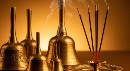Serene still life featuring brass bells and aromatic incense sticks creating calming ambiance