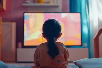 Little girl enjoying screen time while sitting at home, focusing on animated entertainment airing on a TV