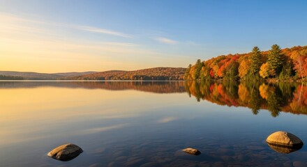 Serene lakeside scene reflecting autumn colors and tranquil waterscape