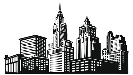 Obraz premium Vector illustration black and white silhouette illustration of a dense city skyline featuring multiple skyscrapers and buildings