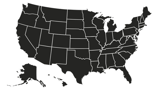 Vector illustration black silhouette map of the united states of america showing state borders