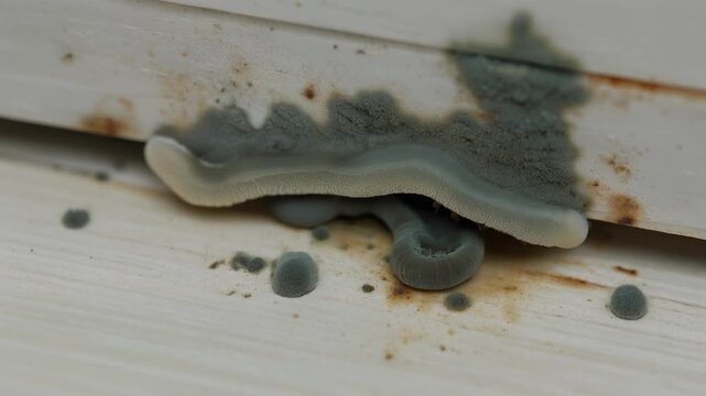 Close-up of greenish-gray mold growth on a white surface with reddish-brown stains.