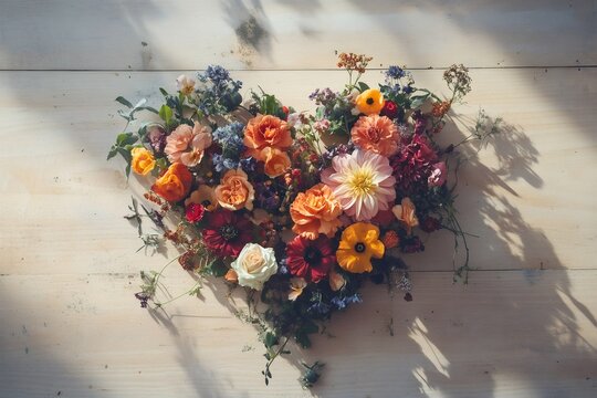 Varied blooming flowers creatively arranged into a heart shape, resting on light wooden planks in dappled sunlight