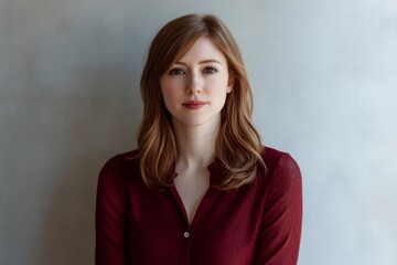Portrait of a beautiful young woman with long wavy brown hair, wearing a burgundy shirt, standing against a plain background