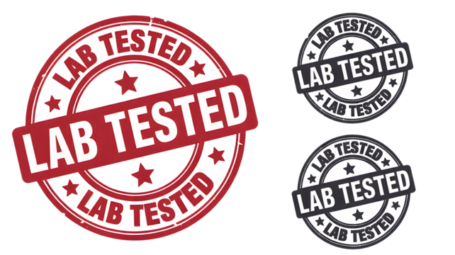Certified grungy 'lab tested' stamp collection: red, black, and gray designs for authenticity and quality assurance - Powered by Adobe