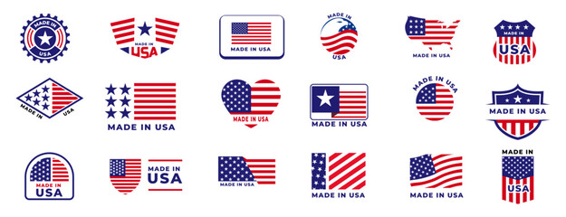 Made in USA labels. Flag made america american states flags label badge stamp star patriot stripe ribbon emblem sticker banner, icons. vector