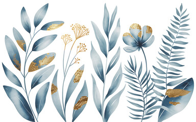 Blue and gold botanical elements on white background