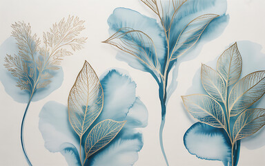 Gold Line Art Leaves and Flowers on Blue Watercolor