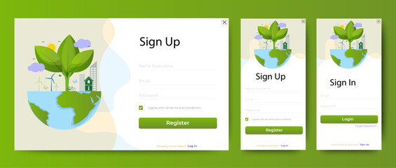 Login & Sign up forms web page and mobile UI design. eco green earth concept illustration. vector