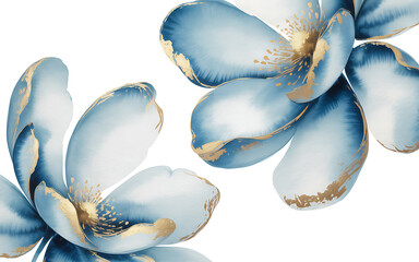 Close-up of blue and gold flower petals on white floral