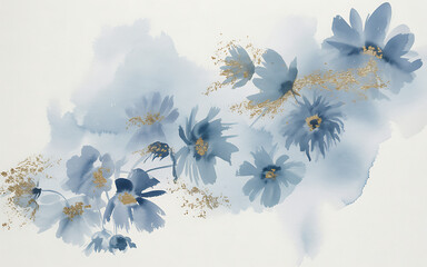 Blue watercolor flowers with gold accents on white