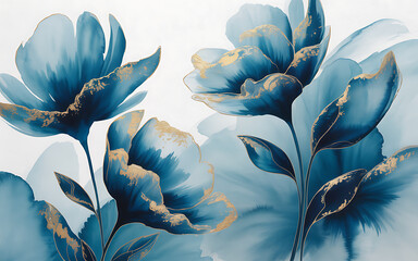 Blue watercolor flowers with gold accents on white background