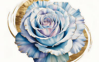 Blue Rose with Gold Leaf Swirls floral flower