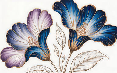 Vibrant Blue and Purple Flowers with Gold Trim bloom