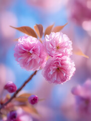 Beautiful pink cherry blossom (Sakura) flower at full bloom in the blue sky.