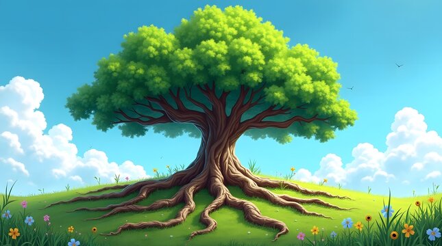 Majestic tree with exposed roots on a rolling green hill