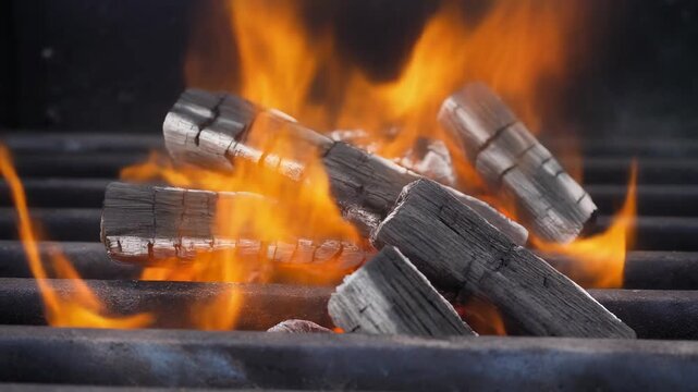 Close-up view of burning charcoal briquettes with bright orange flames on a metal grill grate, ready for cooking.