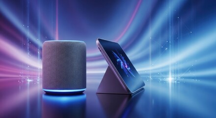 Smart Technology Arrangement, Tablet and Speaker, Neon Light Reflections