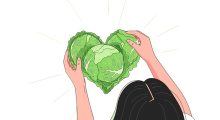 Woman Holding Cabbage in Heart Shape against a Black Background