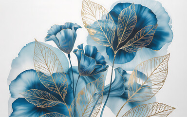 Blue Floral Artwork with Gold Leaf Accents leaves