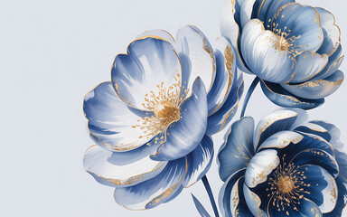 Rich Blue and White Flowers with Gold Edges abstract